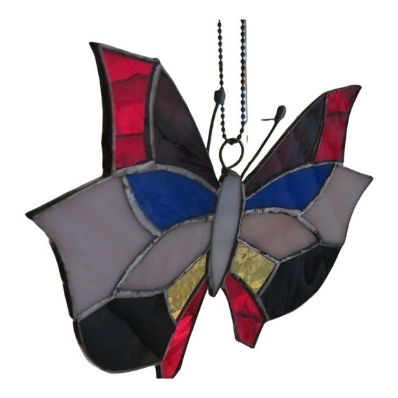 Vintage Stained Glass Butterfly Hand-Crafted Sun Catcher Red Blue White - Picture 2 of 12